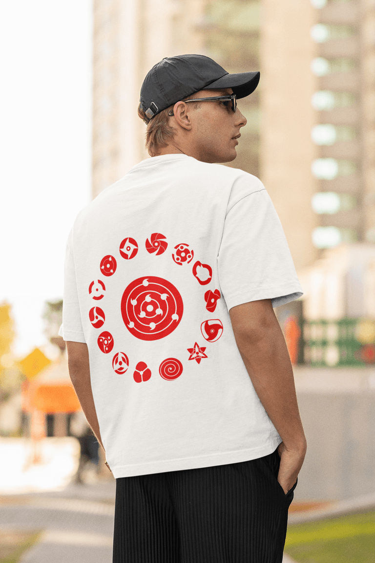 Naruto Mangekyo Sharingan Graphic Oversized T-shirt | Uchiha Clan Chakra Symbols - Essentia Attire