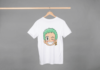 Anime Green Haired Swordsman Winking: Manga Style Fan Tee - Essentia Attire