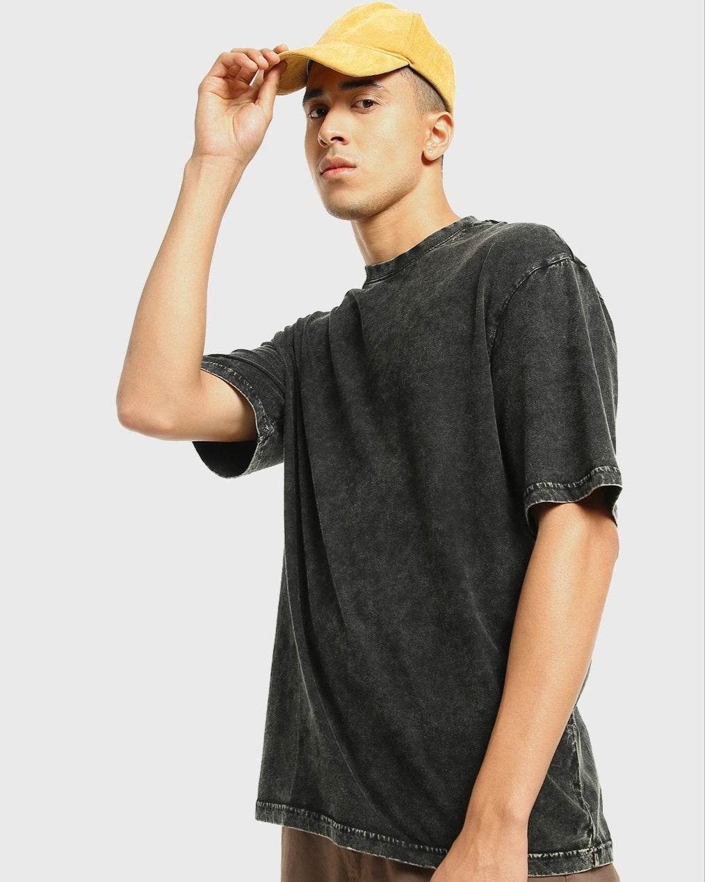 Acidwash Oversized Plain T-Shirt: Vintage Distressed Drop-shoulder - Essentia Attire