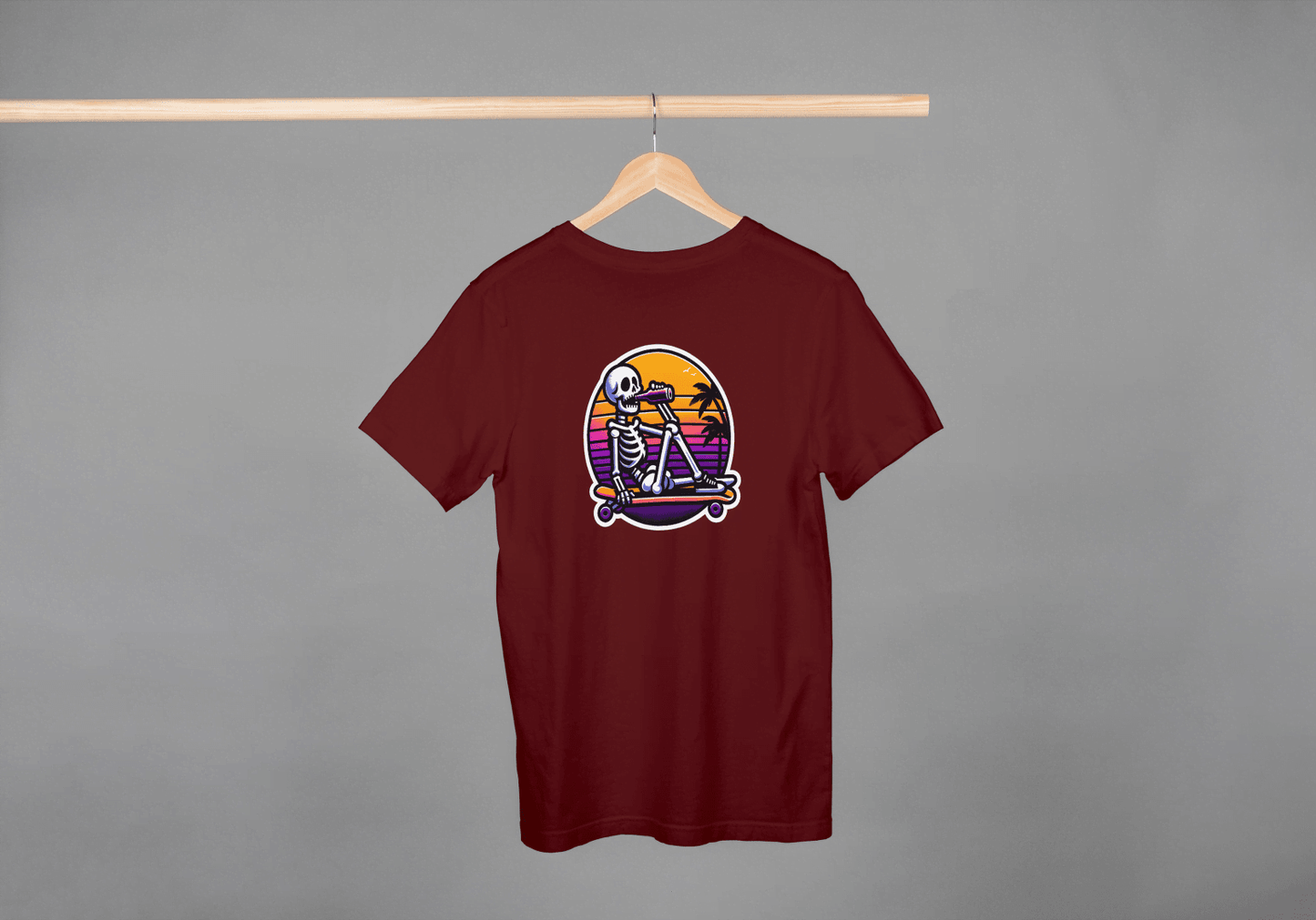 Skateboarding Skeleton Sunset: Retro Skater Skeleton Tee - Essentia Attire