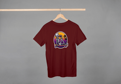 Skateboarding Skeleton Sunset: Retro Skater Skeleton Tee - Essentia Attire