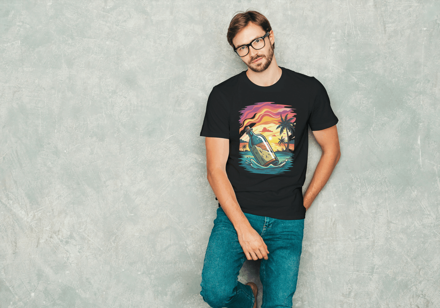 Message in a Bottle Sunset: Tropical Beach Vibes Tee - Essentia Attire
