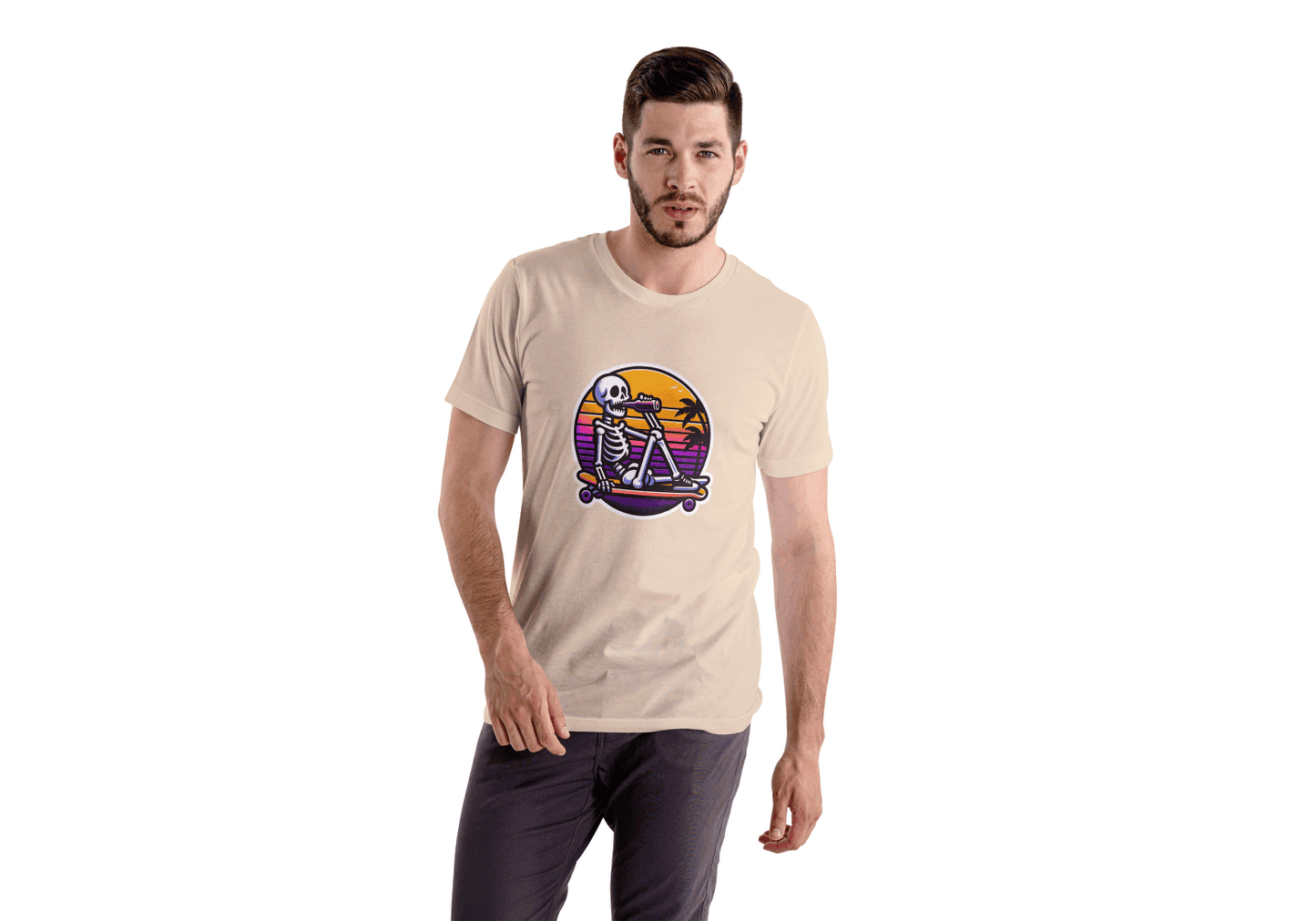 Skateboarding Skeleton Sunset: Retro Skater Skeleton Tee - Essentia Attire