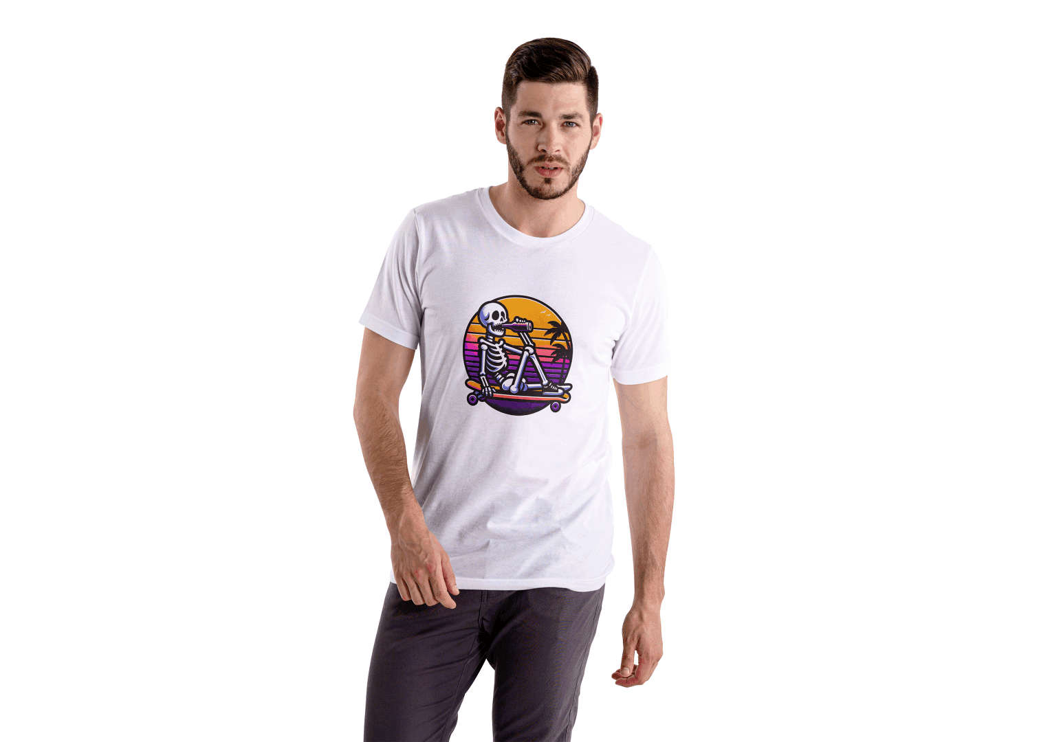 Skateboarding Skeleton Sunset: Retro Skater Skeleton Tee - Essentia Attire