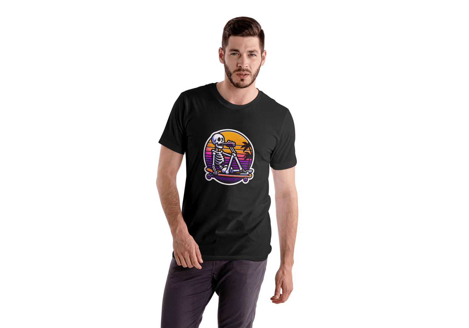 Skateboarding Skeleton Sunset: Retro Skater Skeleton Tee - Essentia Attire