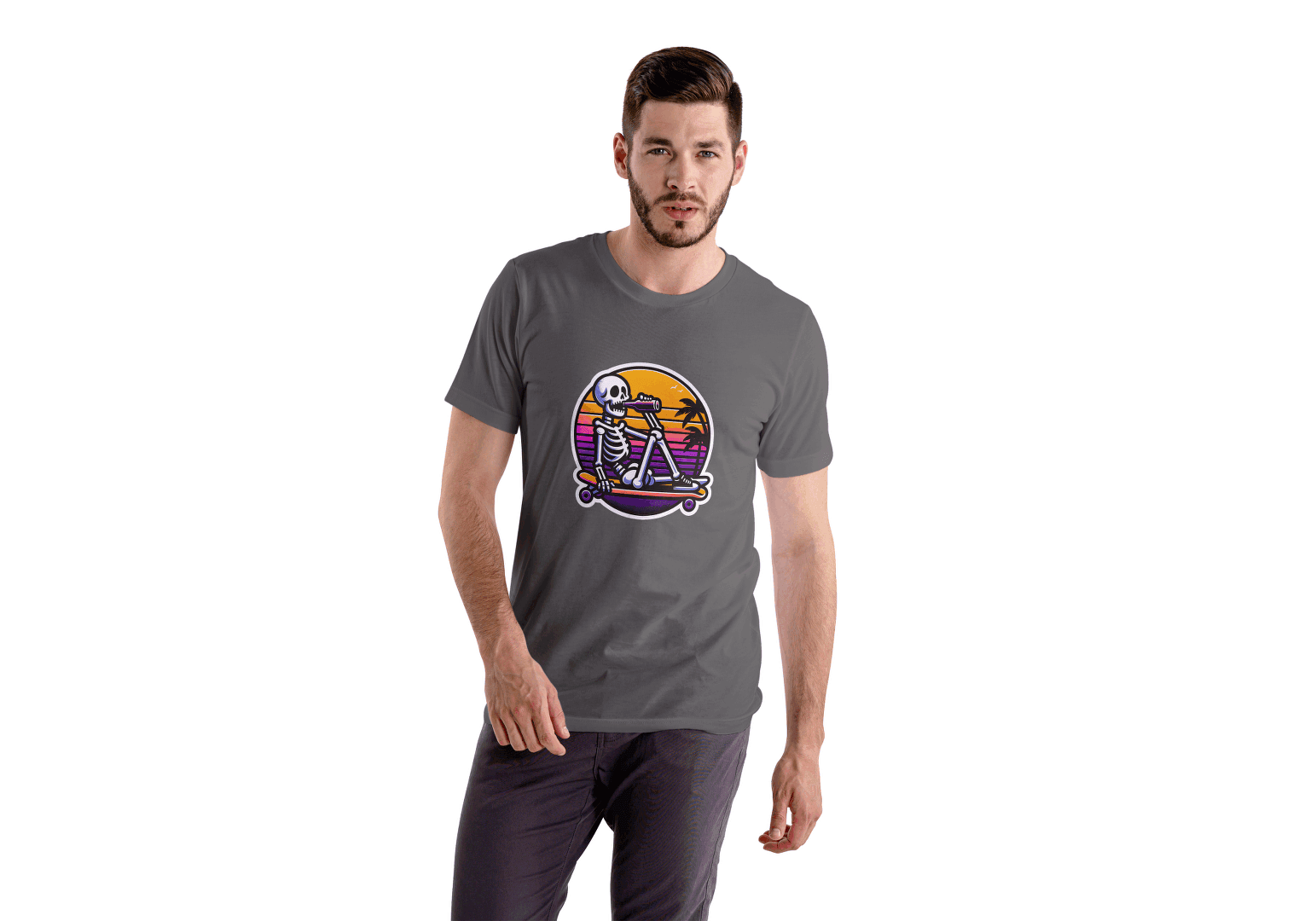 Skateboarding Skeleton Sunset: Retro Skater Skeleton Tee - Essentia Attire