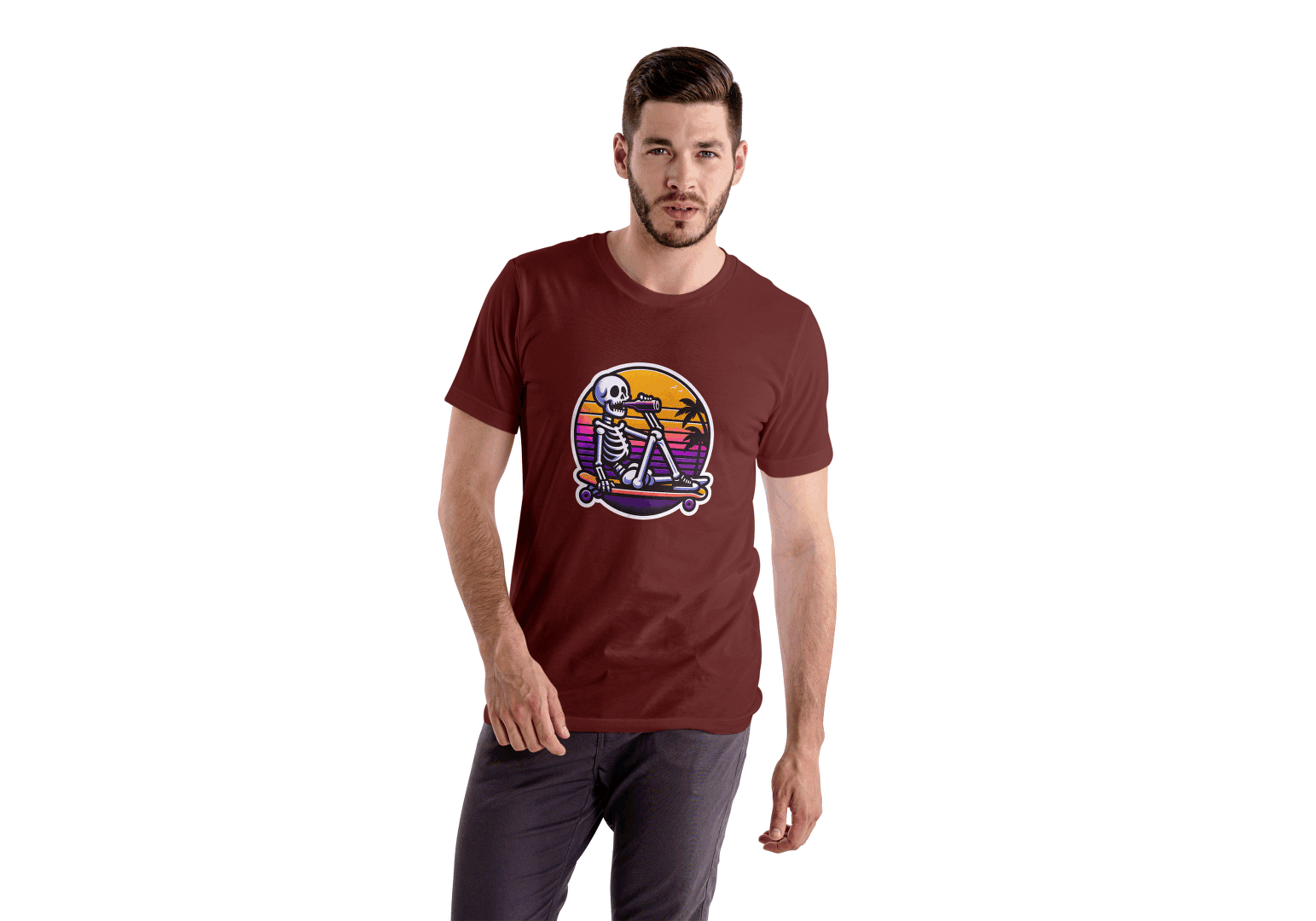 Skateboarding Skeleton Sunset: Retro Skater Skeleton Tee - Essentia Attire