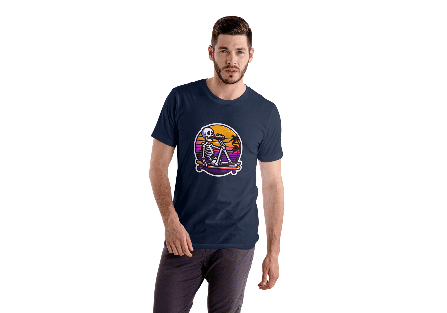 Skateboarding Skeleton Sunset: Retro Skater Skeleton Tee - Essentia Attire