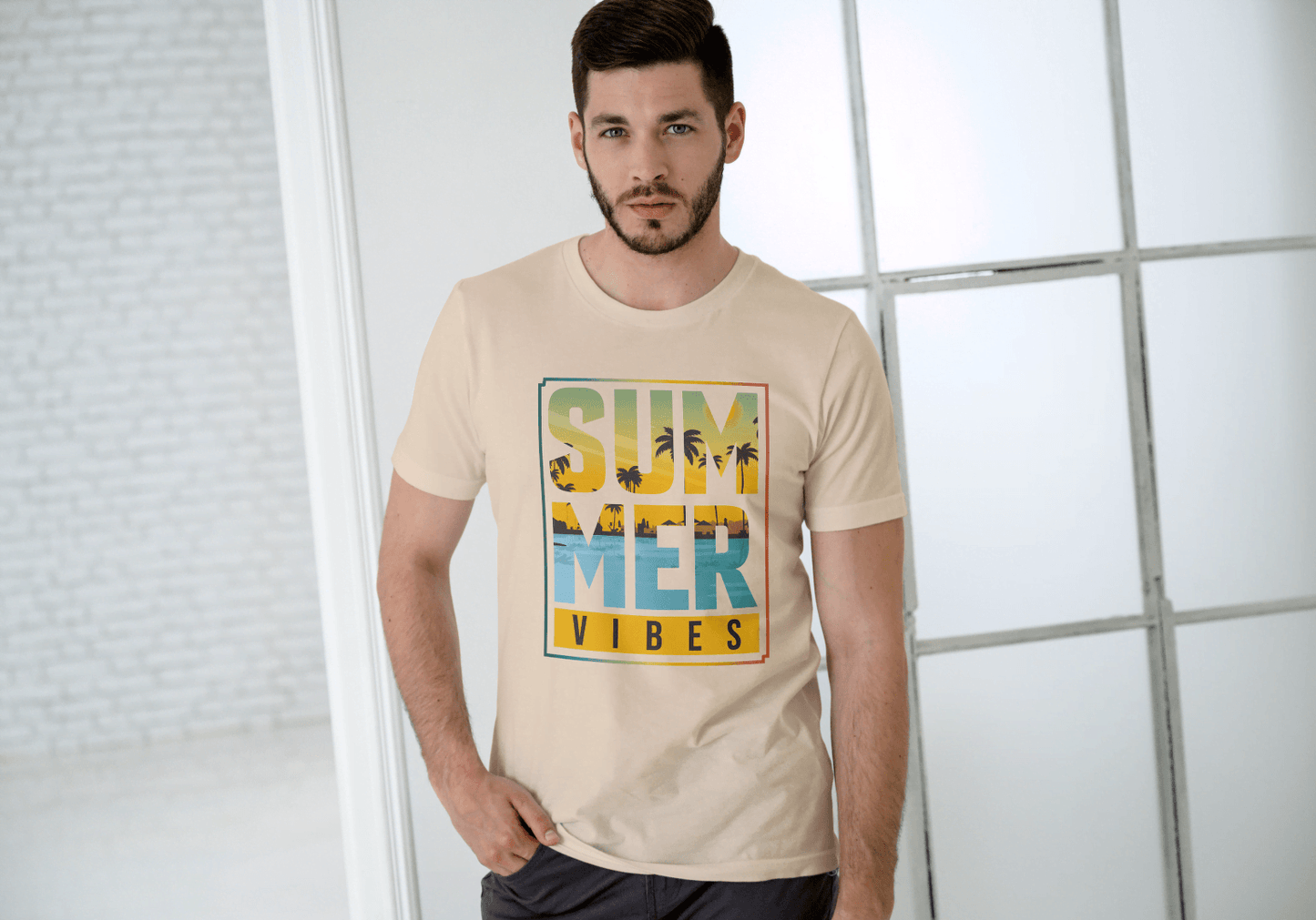 SUMMER VIBES Palm Tree Sunset: Beach Landscape Tee - Essentia Attire