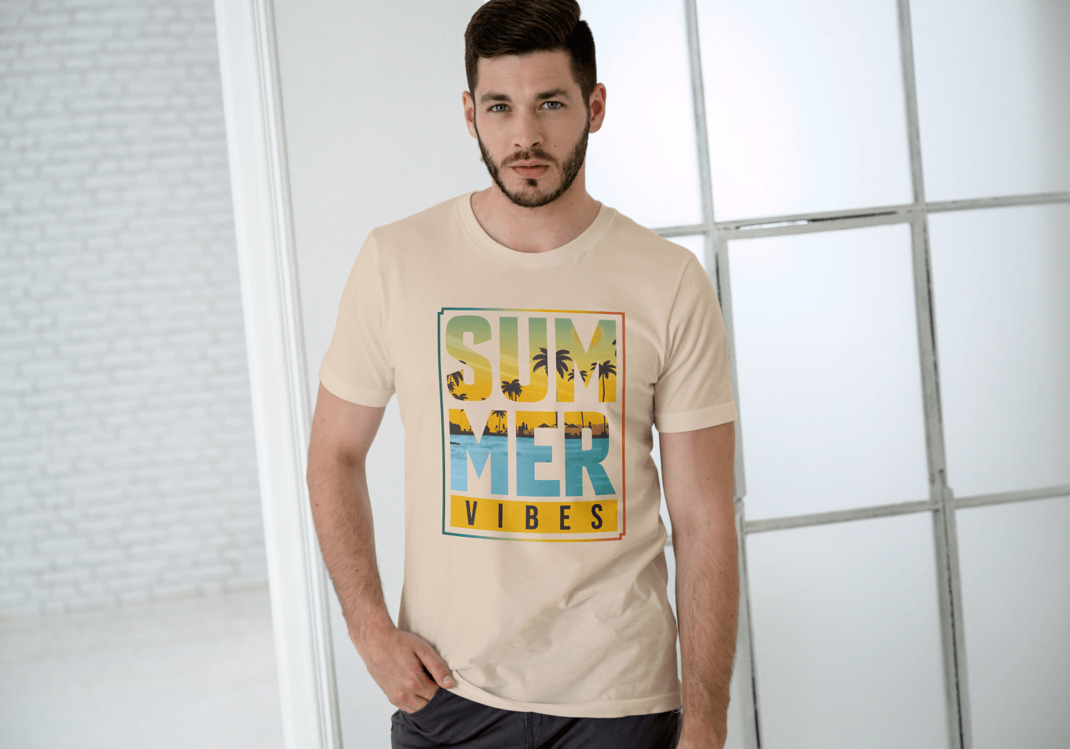 SUMMER VIBES Palm Tree Sunset: Beach Landscape Tee - Essentia Attire