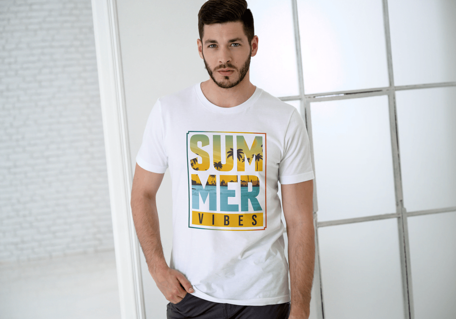 SUMMER VIBES Palm Tree Sunset: Beach Landscape Tee - Essentia Attire