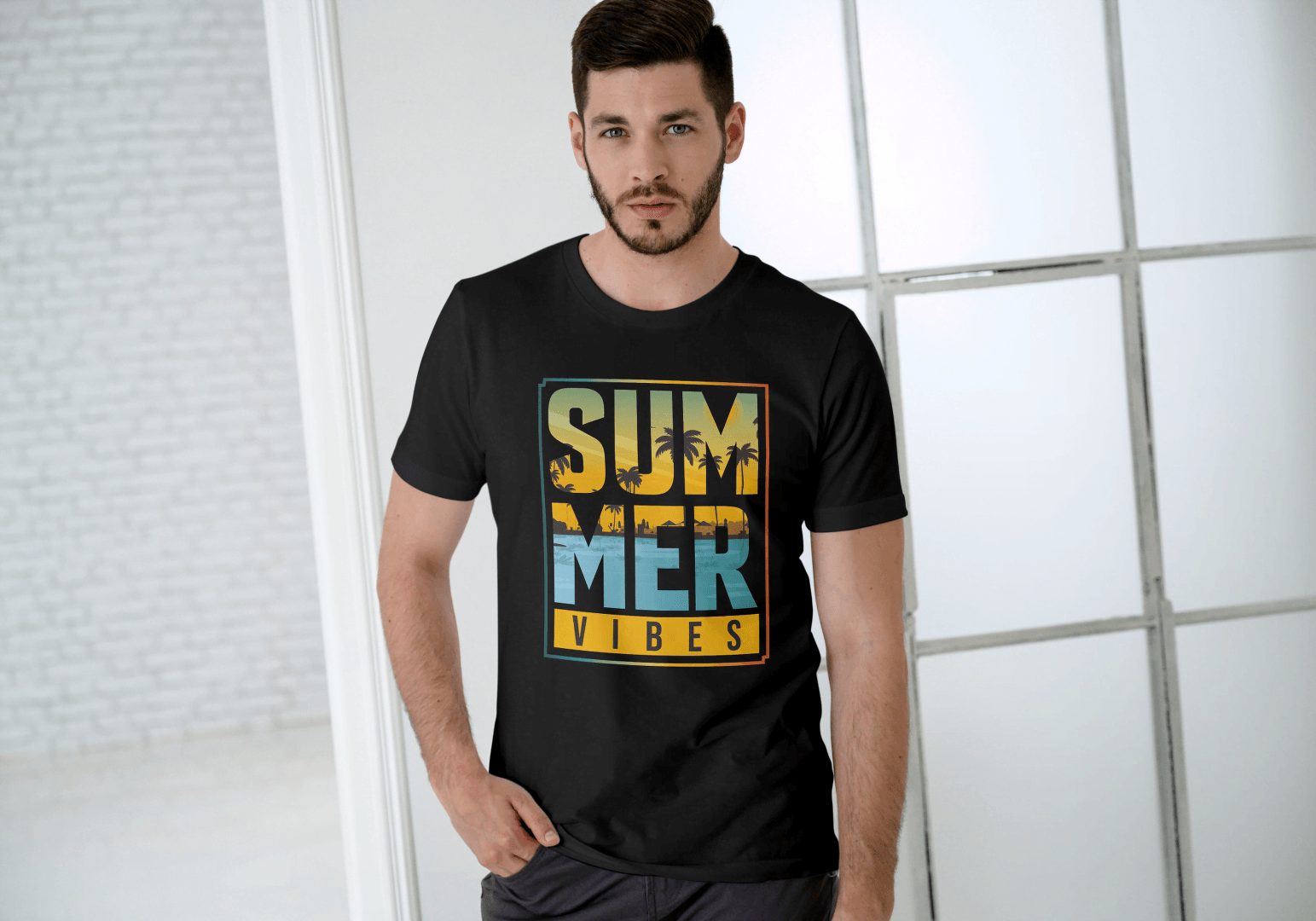 SUMMER VIBES Palm Tree Sunset: Beach Landscape Tee - Essentia Attire