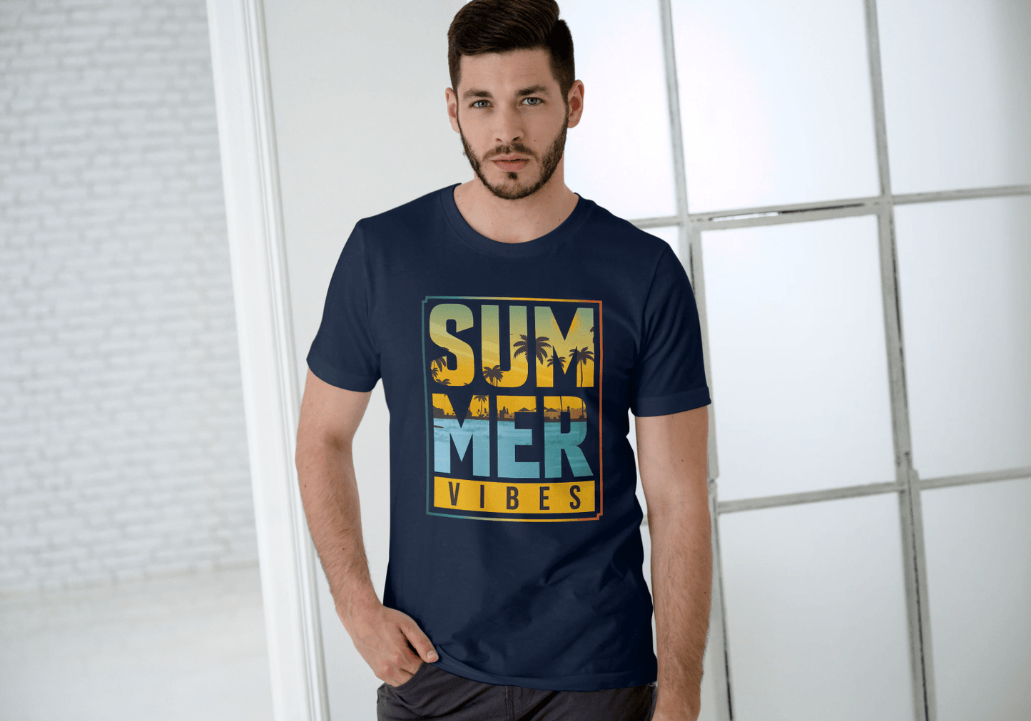 SUMMER VIBES Palm Tree Sunset: Beach Landscape Tee - Essentia Attire