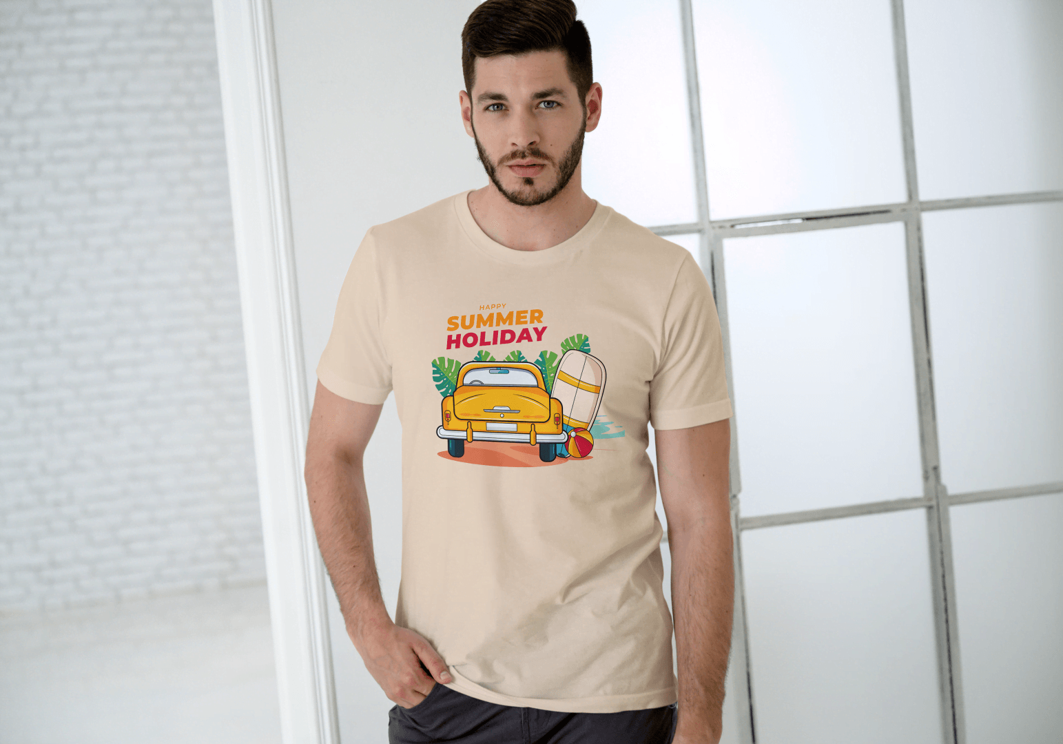 Happy Summer Holiday Classic Car: Retro Beach Surf Tee - Essentia Attire