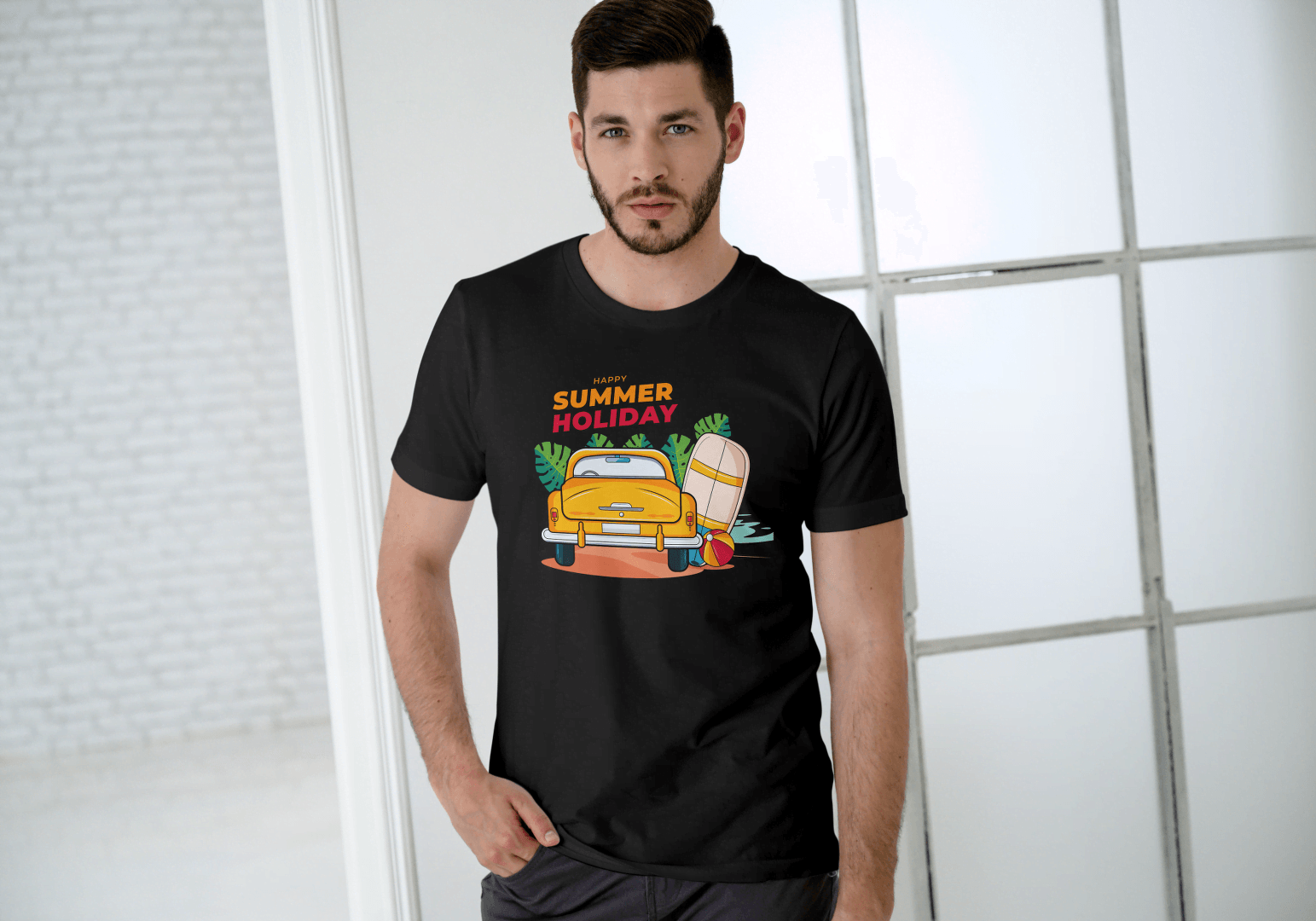 Happy Summer Holiday Classic Car: Retro Beach Surf Tee - Essentia Attire