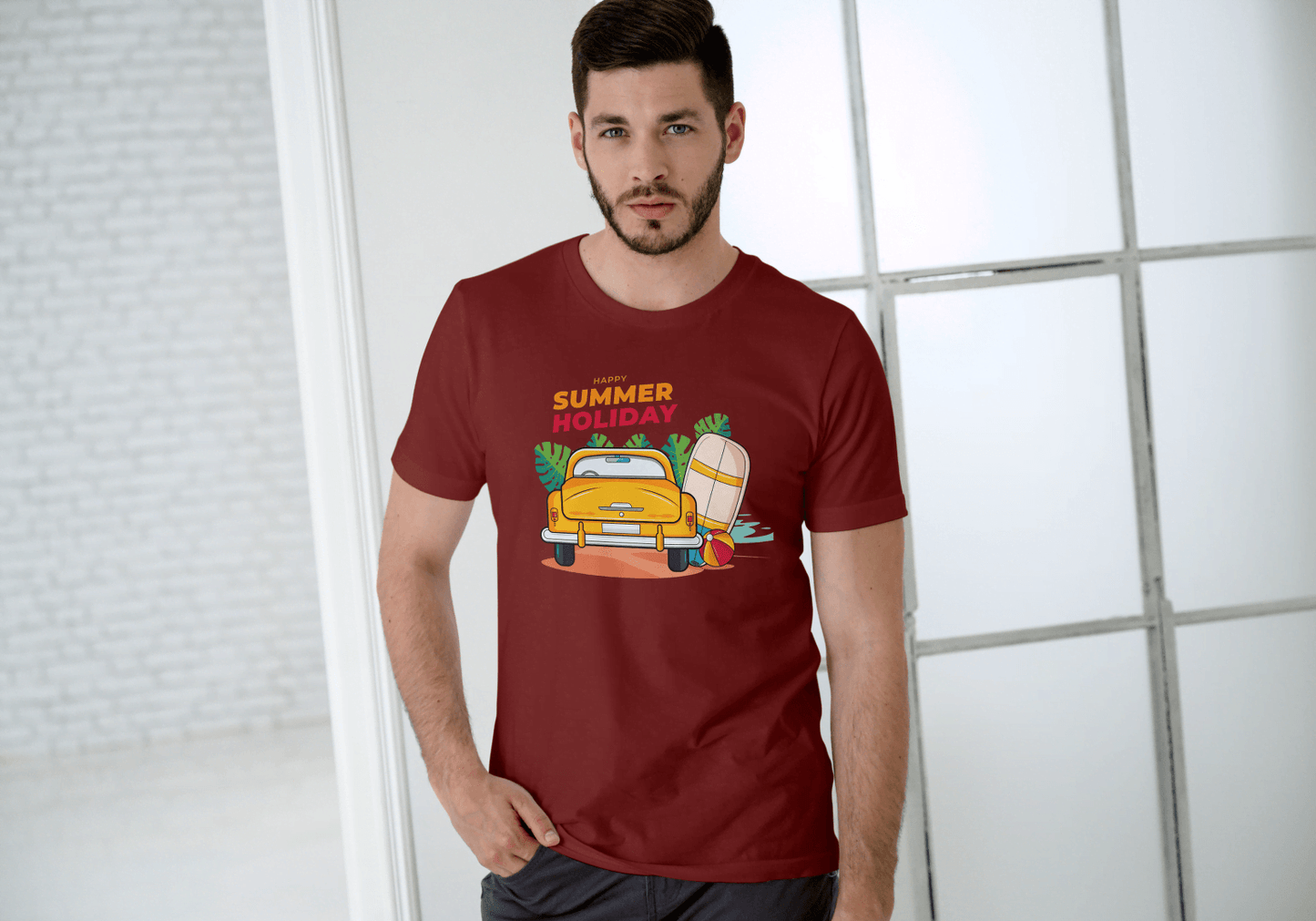 Happy Summer Holiday Classic Car: Retro Beach Surf Tee - Essentia Attire