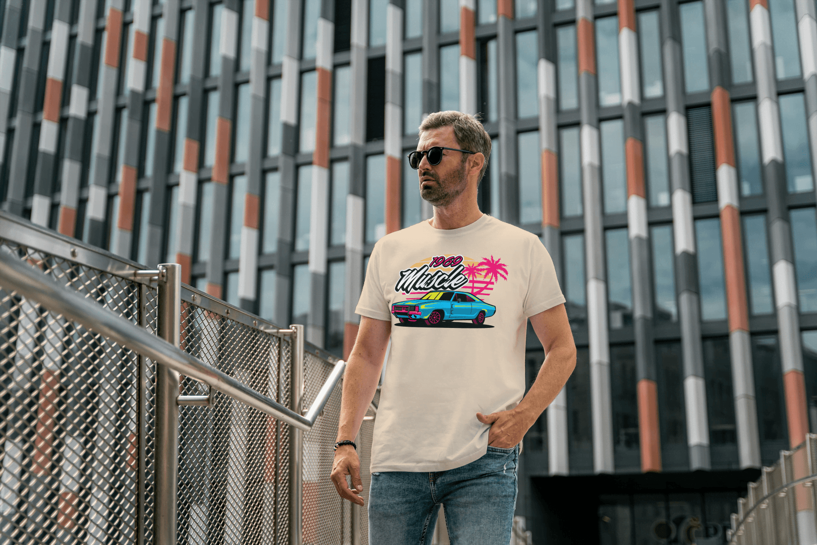 1969 Muscle Car Beach Sunset: Retro Vaporwave Tee - Essentia Attire