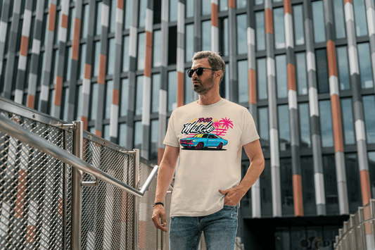 1969 Muscle Car Beach Sunset: Retro Vaporwave Tee - Essentia Attire