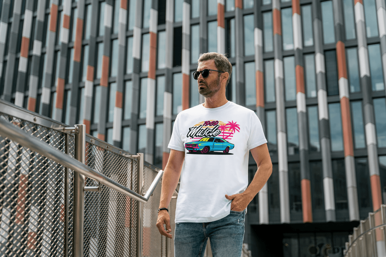 1969 Muscle Car Beach Sunset: Retro Vaporwave Tee - Essentia Attire