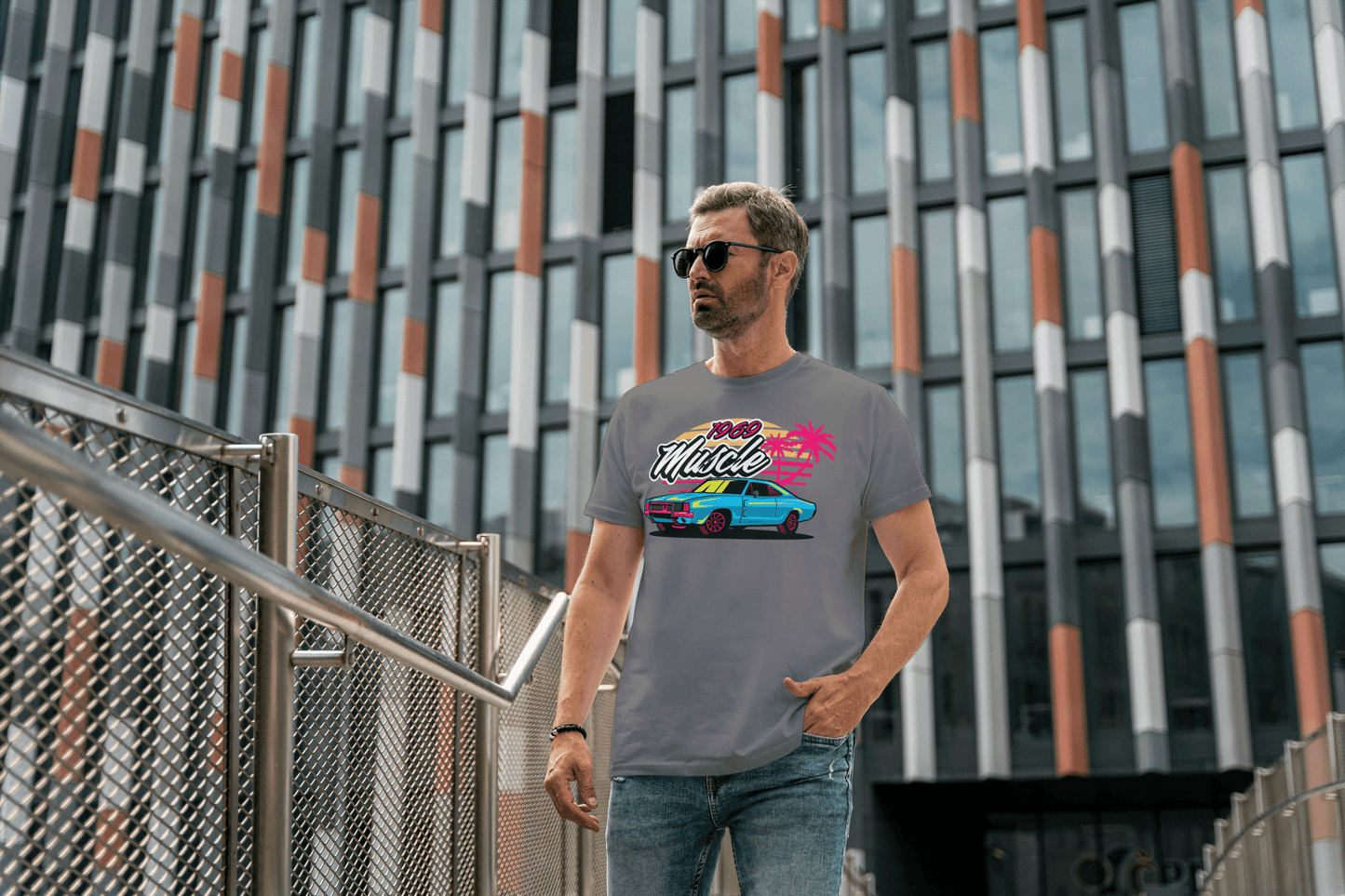 1969 Muscle Car Beach Sunset: Retro Vaporwave Tee - Essentia Attire