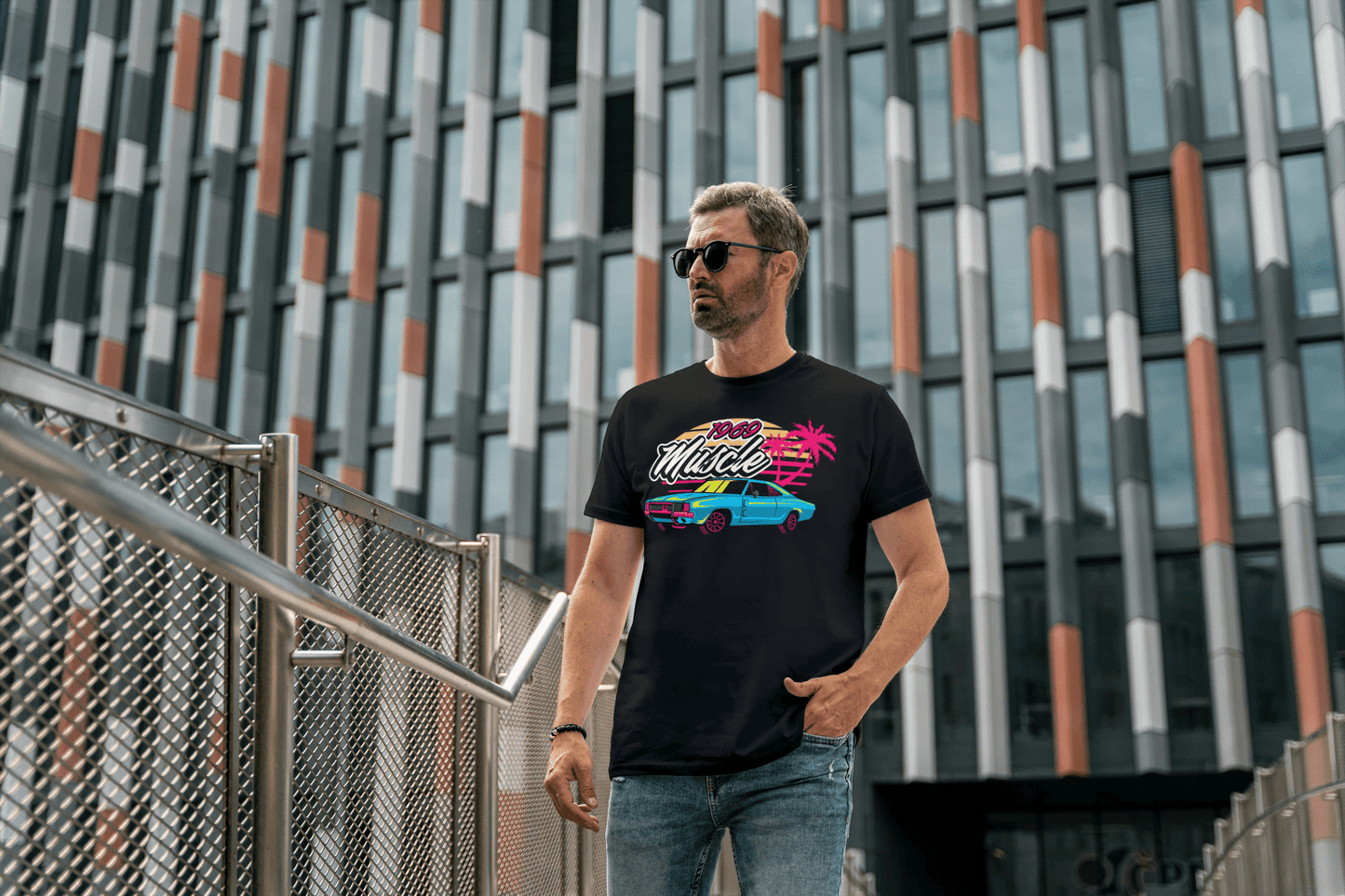 1969 Muscle Car Beach Sunset: Retro Vaporwave Tee - Essentia Attire