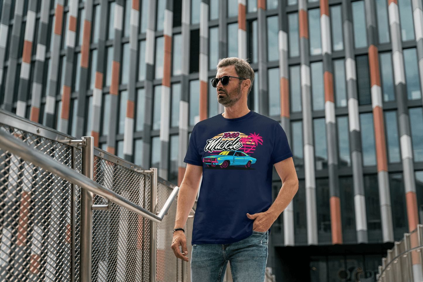 1969 Muscle Car Beach Sunset: Retro Vaporwave Tee - Essentia Attire
