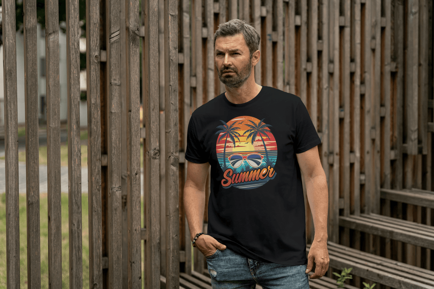 Summer Sunset Palm Tree & Sunglasses: Beach Vibes Tee - Essentia Attire