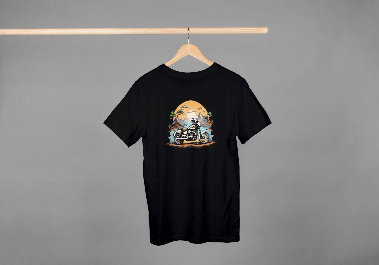 Skeleton Rider Motorcycle: Desert Sunset Biker Tee - Essentia Attire