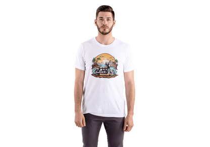 Skeleton Rider Motorcycle: Desert Sunset Biker Tee - Essentia Attire