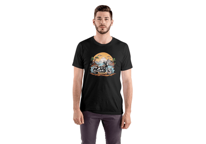 Skeleton Rider Motorcycle: Desert Sunset Biker Tee - Essentia Attire
