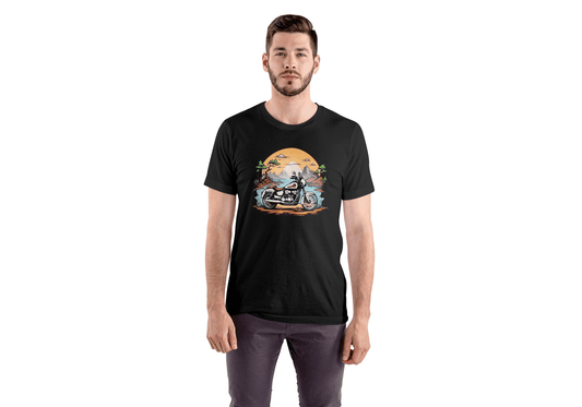 Skeleton Rider Motorcycle: Desert Sunset Biker Tee - Essentia Attire