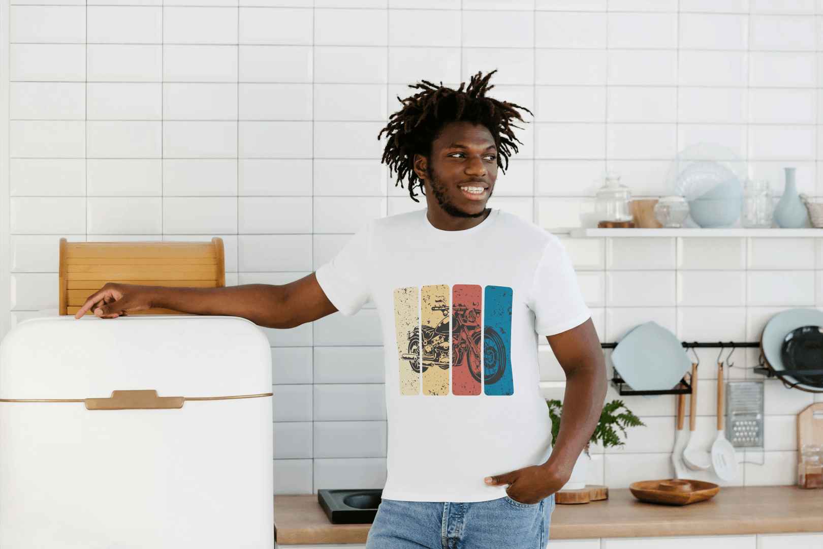 Retro Stripe Motorcycle: Vintage Bike Graphic Tee - Essentia Attire