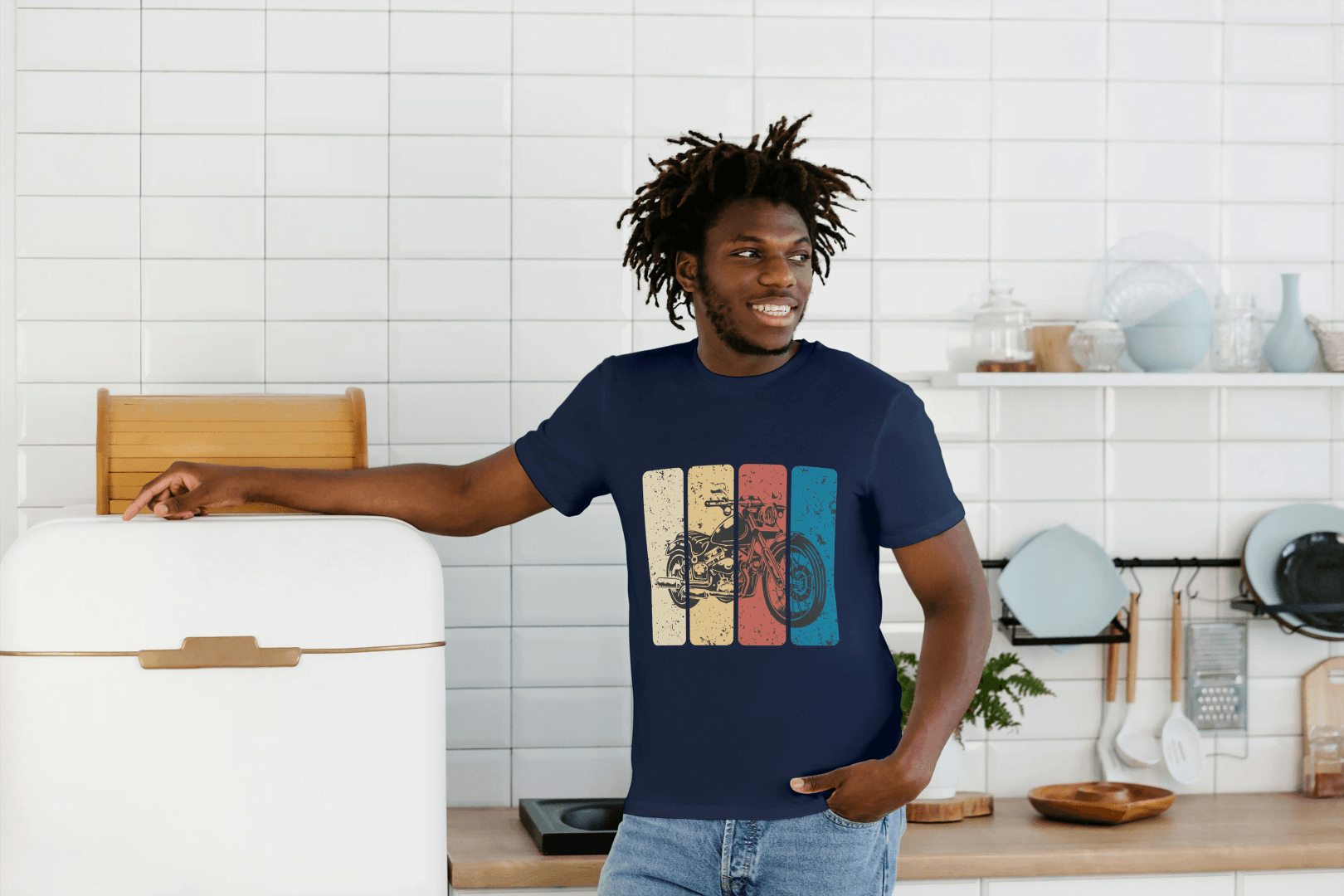 Retro Stripe Motorcycle: Vintage Bike Graphic Tee - Essentia Attire