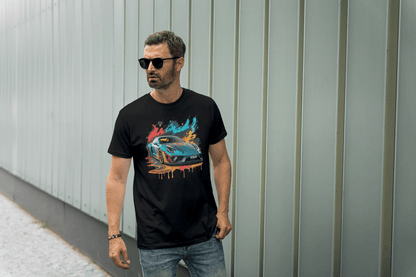 Sports Car Paint Splatter: Vibrant Auto Graphic Tee - Essentia Attire