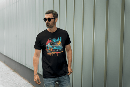Sports Car Paint Splatter: Vibrant Auto Graphic Tee - Essentia Attire