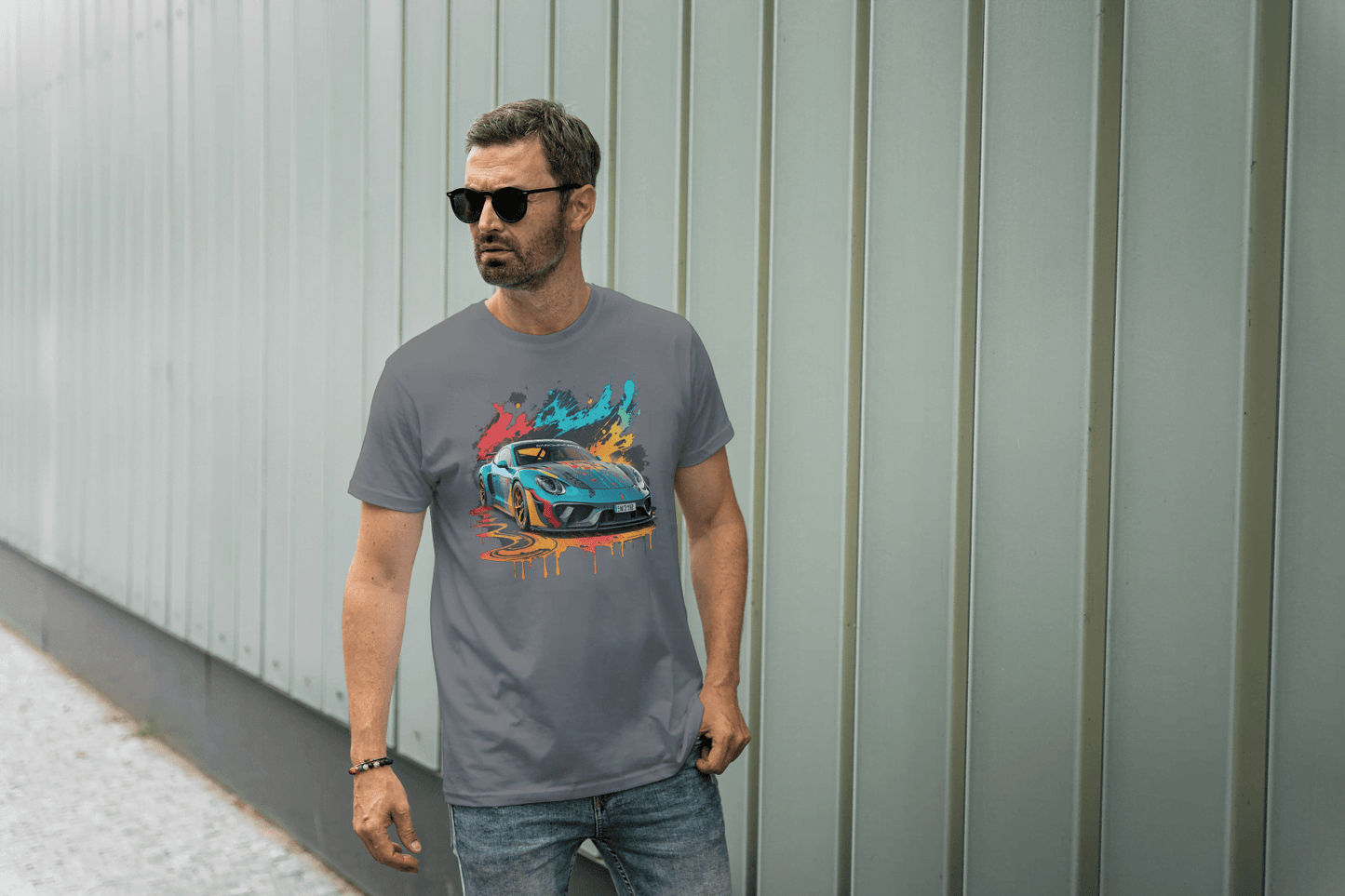 Sports Car Paint Splatter: Vibrant Auto Graphic Tee - Essentia Attire