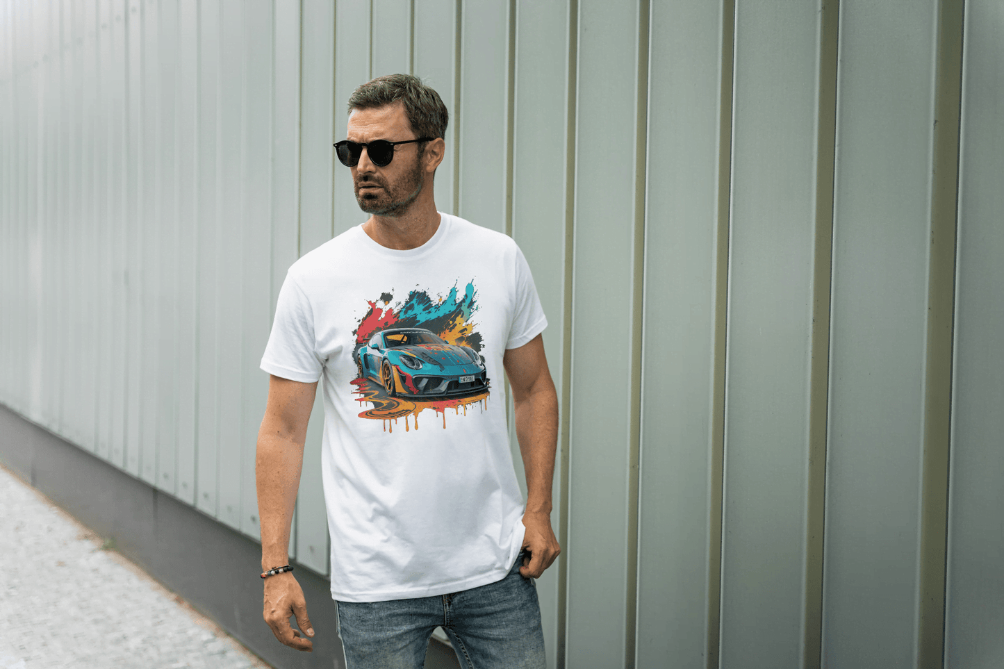 Sports Car Paint Splatter: Vibrant Auto Graphic Tee - Essentia Attire