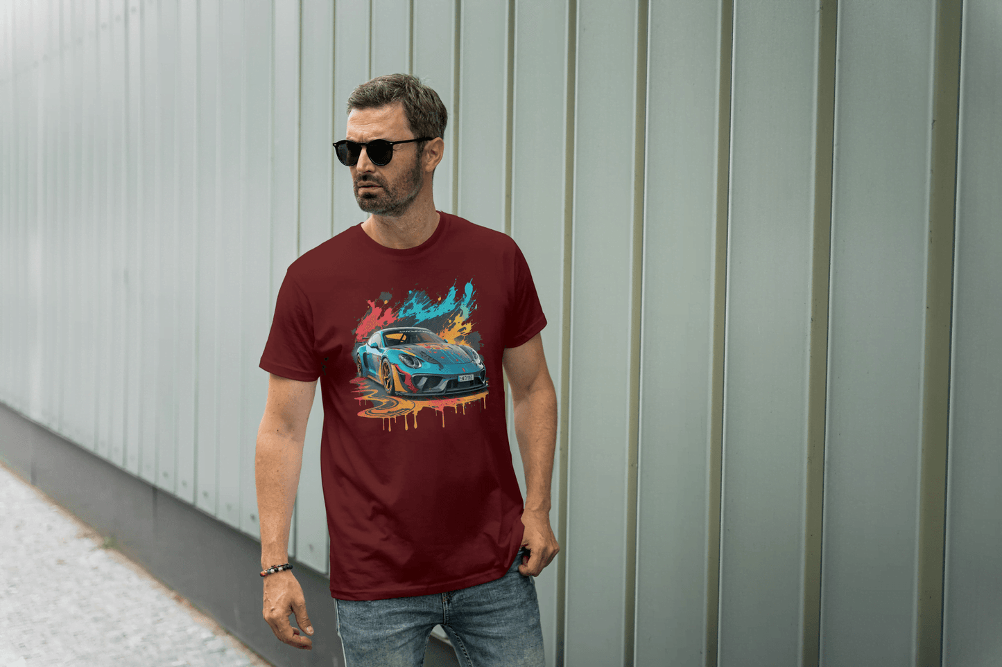 Sports Car Paint Splatter: Vibrant Auto Graphic Tee - Essentia Attire