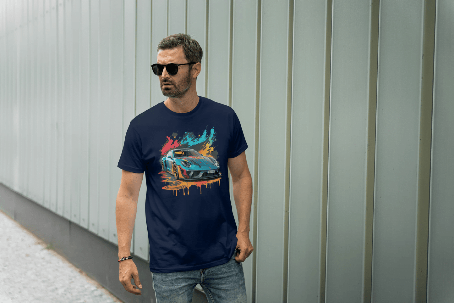 Sports Car Paint Splatter: Vibrant Auto Graphic Tee - Essentia Attire