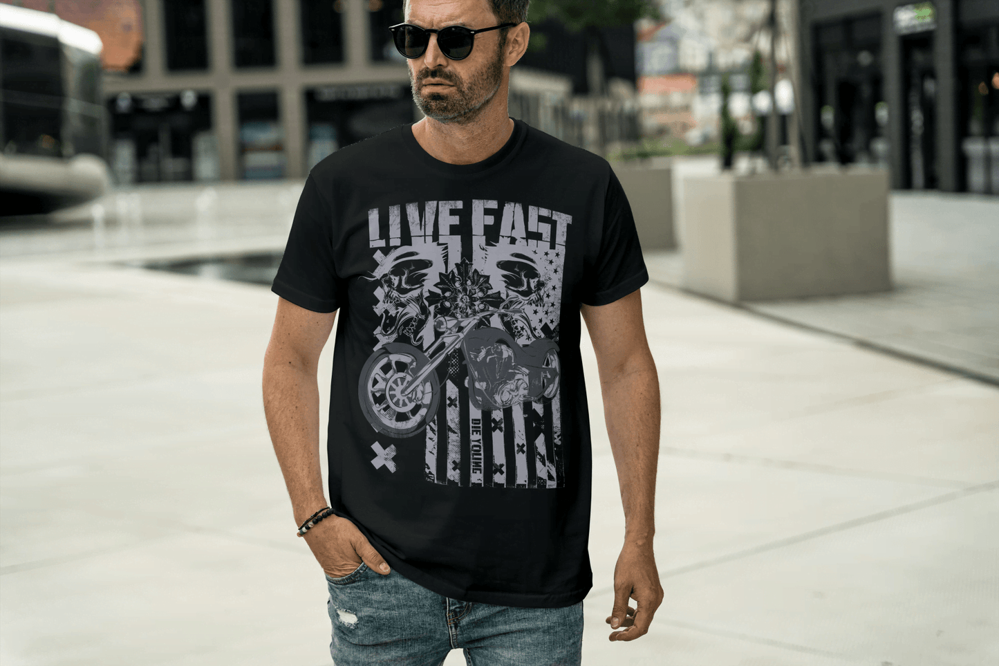 Live Fast Die Young: Skull & Vintage Biker Tee - Essentia Attire