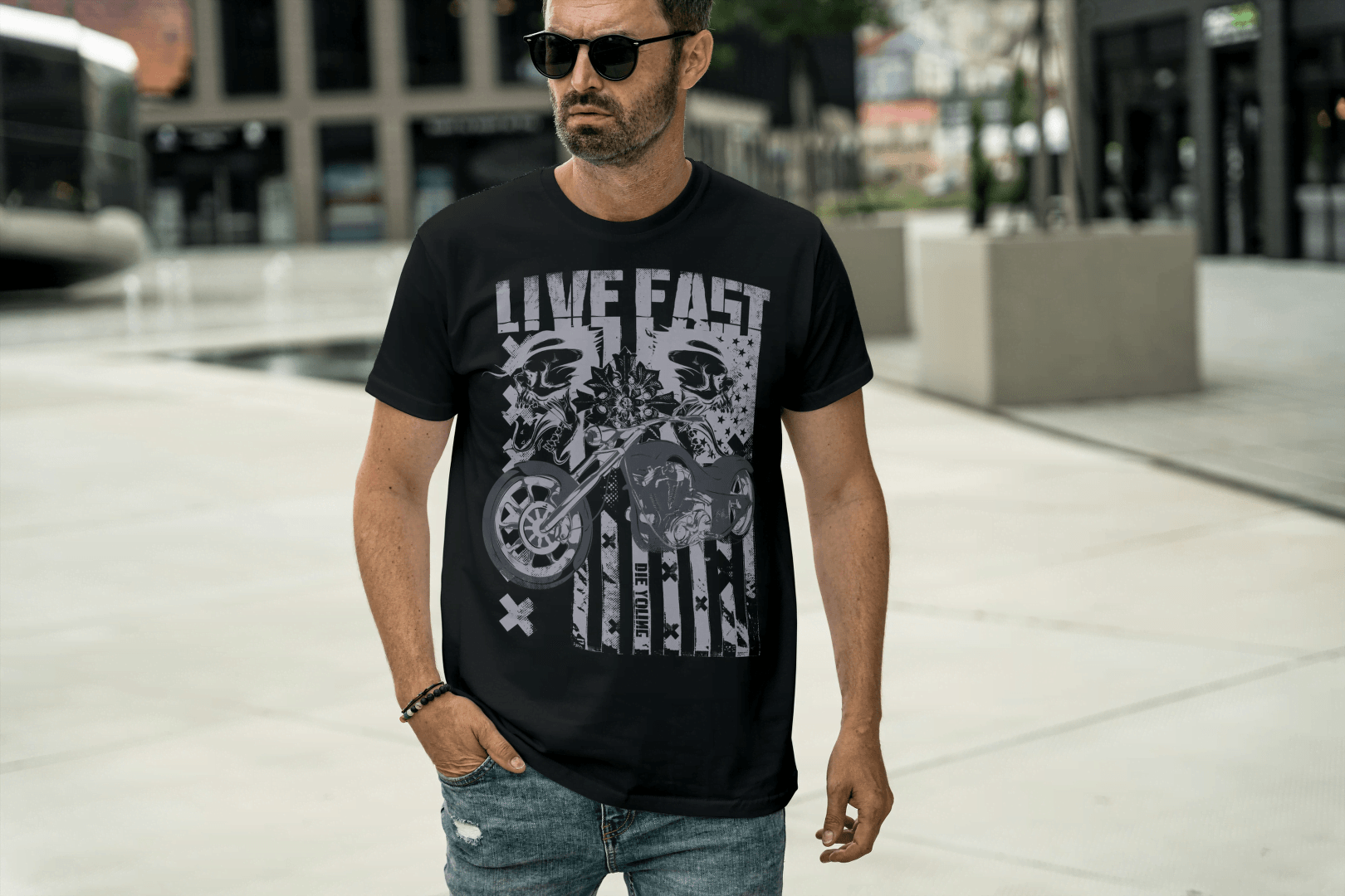 Live Fast Die Young: Skull & Vintage Biker Tee - Essentia Attire