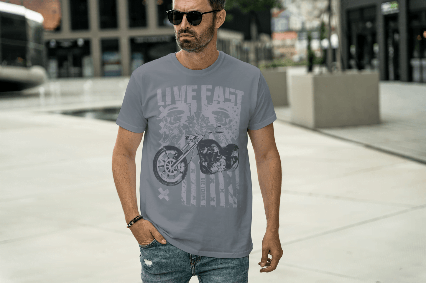 Live Fast Die Young: Skull & Vintage Biker Tee - Essentia Attire