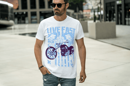 Live Fast Die Young: Skull & Vintage Biker Tee - Essentia Attire