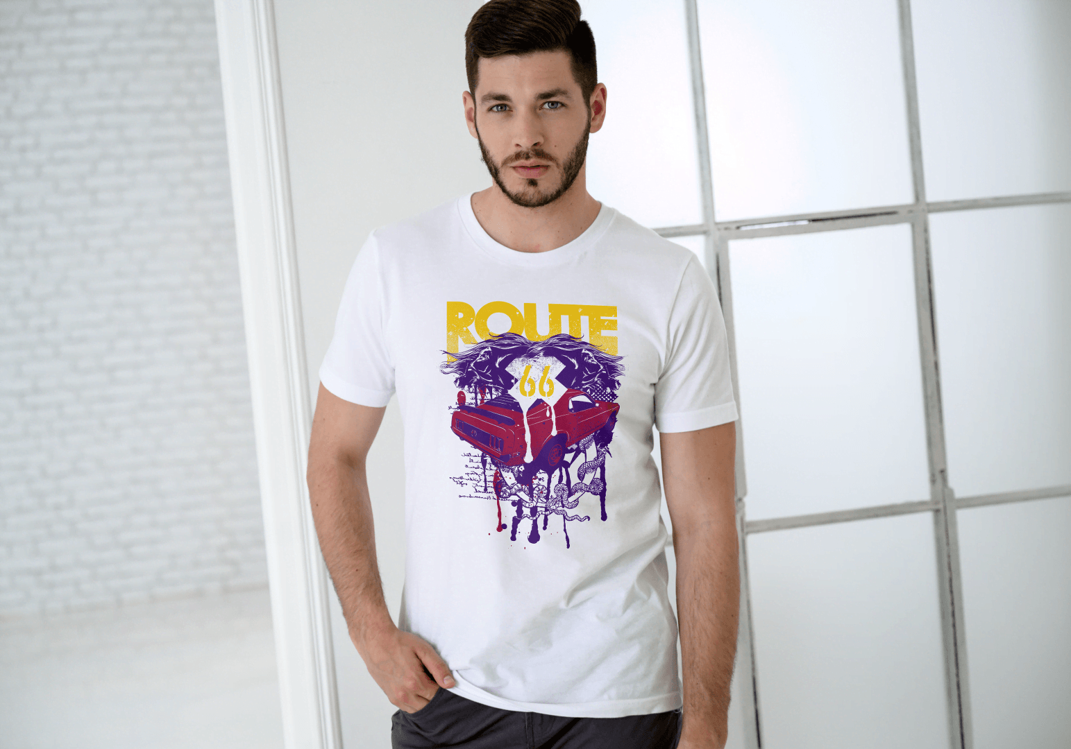 Men's Route 66 Classic Car Dripping: Vintage Road Trip - Essentia Attire
