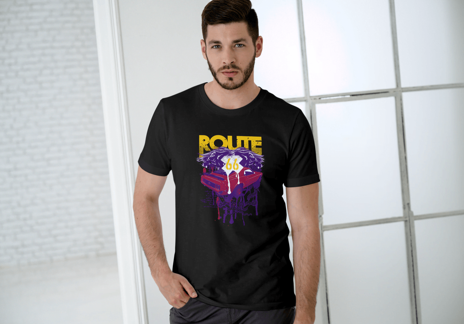 Men's Route 66 Classic Car Dripping: Vintage Road Trip - Essentia Attire