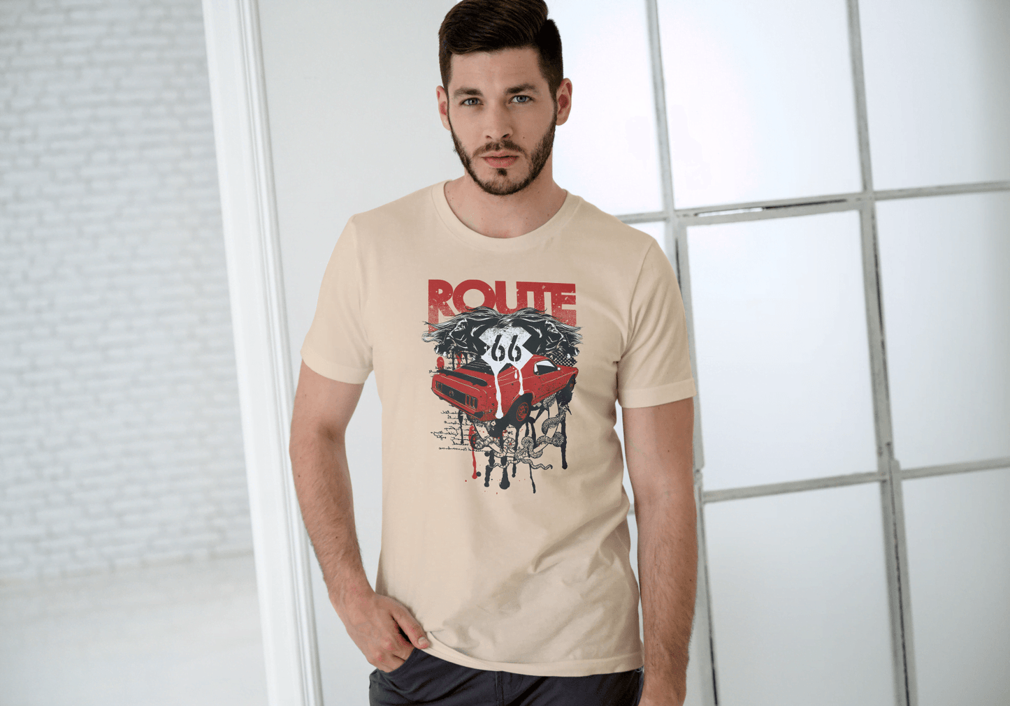 Men's Route 66 Classic Car Dripping: Vintage Road Trip - Essentia Attire