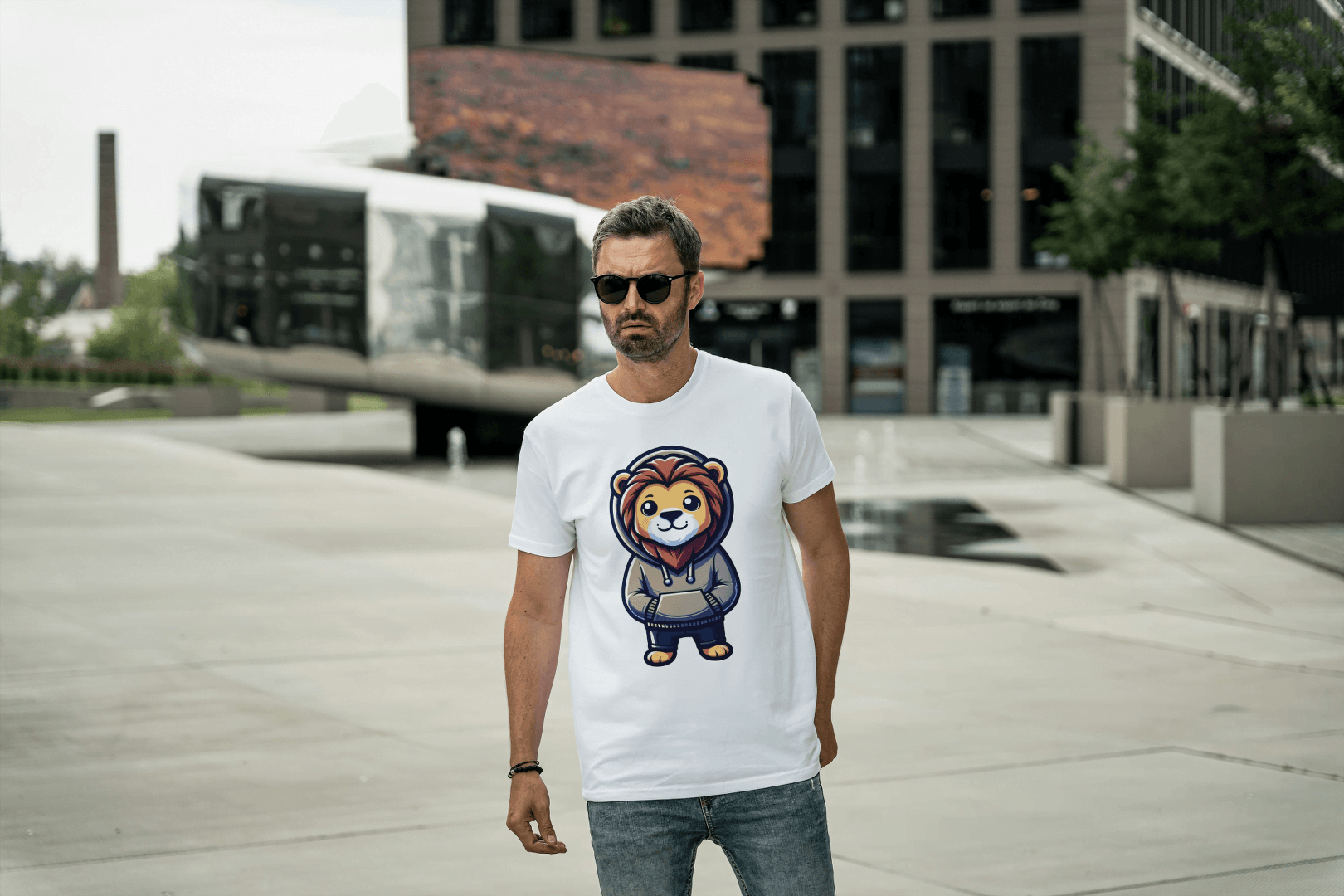 Cute Lion Wearing Hoodie: Adorable Animal Graphic Tee - Essentia Attire