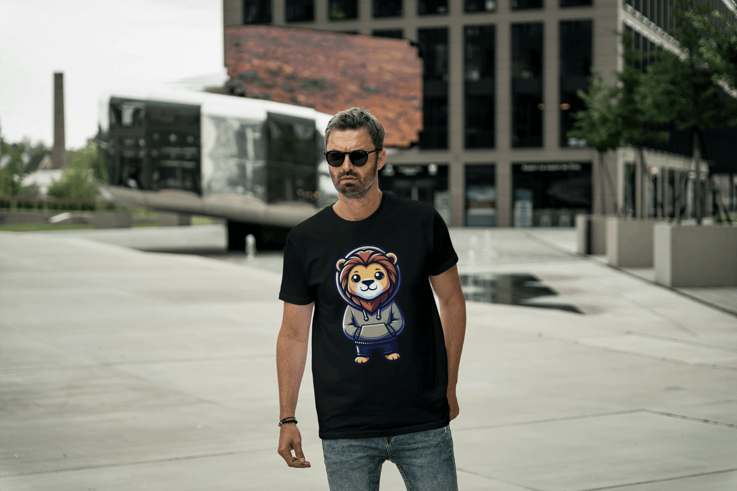 Cute Lion Wearing Hoodie: Adorable Animal Graphic Tee - Essentia Attire