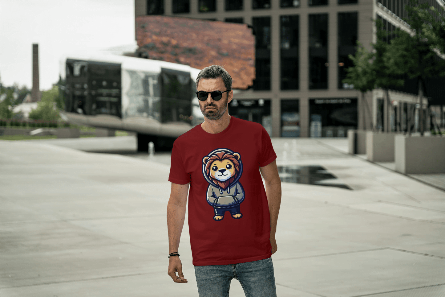 Cute Lion Wearing Hoodie: Adorable Animal Graphic Tee - Essentia Attire