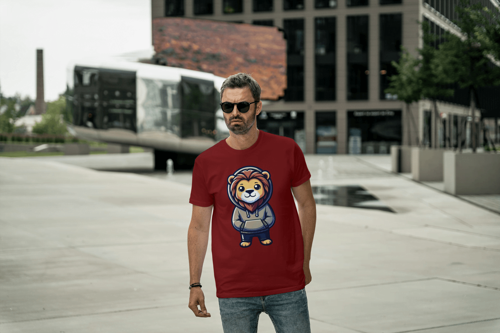 Cute Lion Wearing Hoodie: Adorable Animal Graphic Tee - Essentia Attire